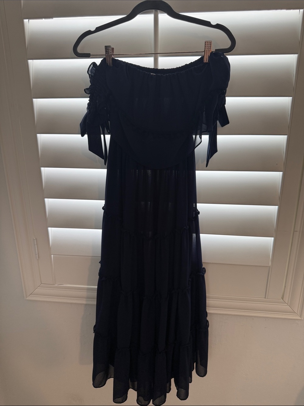 Misa Los Angeles Navy Off-Shoulder Tiered Midi Dress